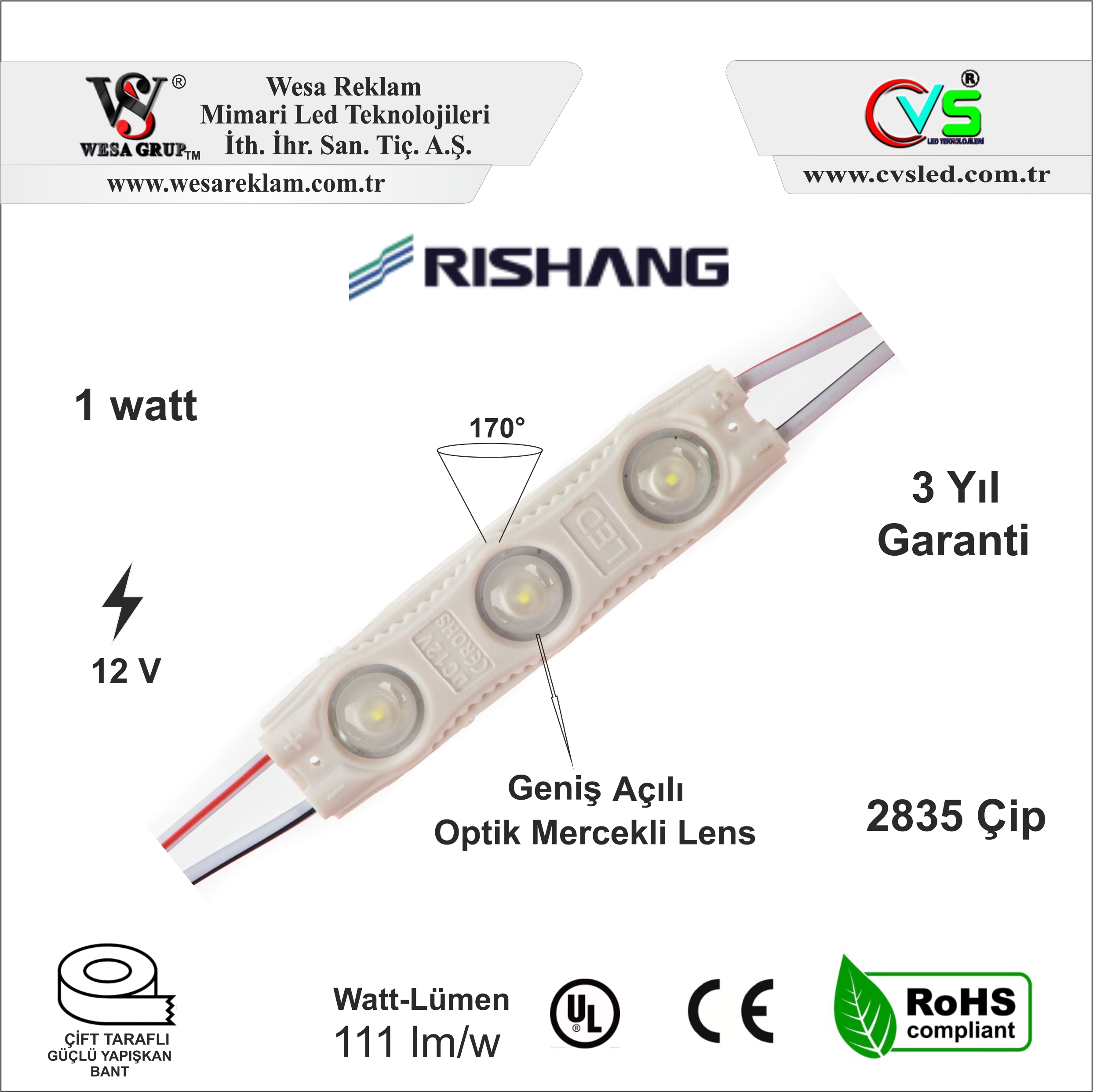 rishang modül led 1 watt beyaz modül led